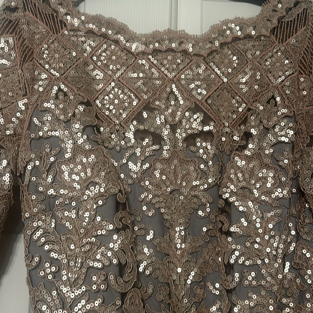 Long fitted beige sequin with blue gray lining. Stretchy, VERY comfortable.
